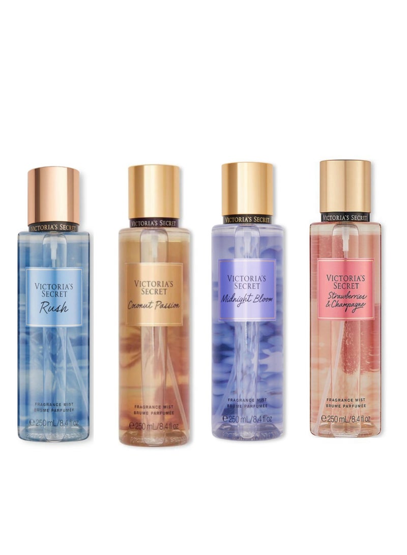 Victorias Secret - Beauty Women’s Fragrance Mist Combo Pack (4 x 250ml) – Rush, Coconut Passion, Midnight Bloom, Strawberries & Champagne Body Spray Set