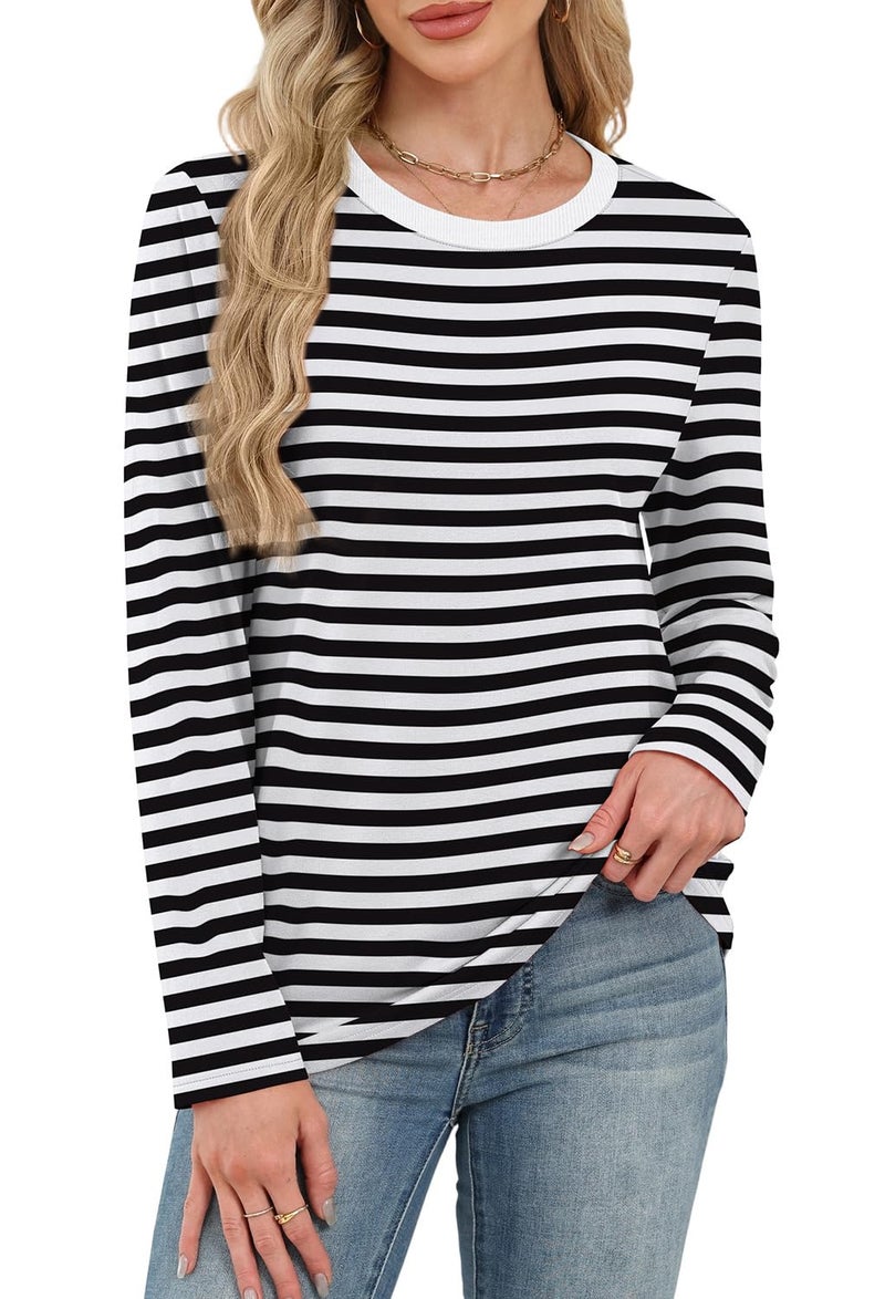 WIHOLL Womens Long Sleeve T Shirts Striped Shirt Women Blouses Dressy Casual Tunics Crewneck Tops for Women Womens Fall Fashion 2025 White Black L - Image 3