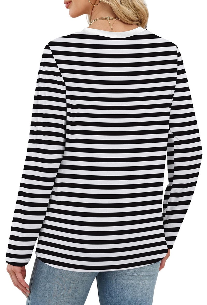 WIHOLL Womens Long Sleeve T Shirts Striped Shirt Women Blouses Dressy Casual Tunics Crewneck Tops for Women Womens Fall Fashion 2025 White Black L - Image 5