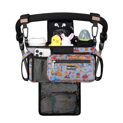 TOPDesign Universal Baby Stroller Organizer Stroller Caddy with Detachable Mesh Bag Heightened Insulated Cup Holders NonSlip Secure Hooks Accessories Fits Most Strollers Construction Trucks - Image 1
