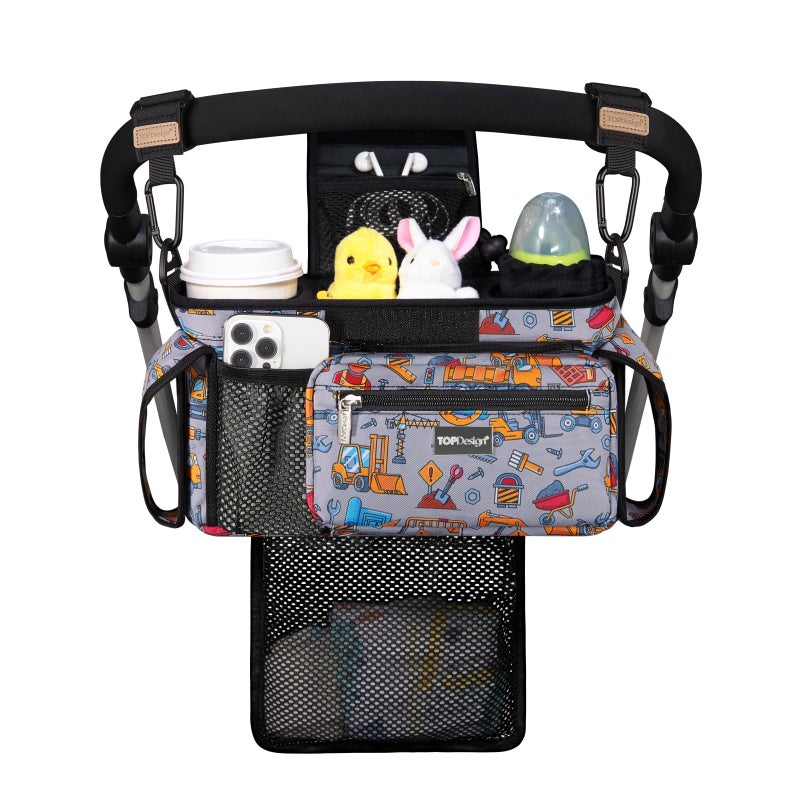 TOPDesign Universal Baby Stroller Organizer Stroller Caddy with Detachable Mesh Bag Heightened Insulated Cup Holders NonSlip Secure Hooks Accessories Fits Most Strollers Construction Trucks - Image 2