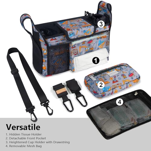TOPDesign Universal Baby Stroller Organizer Stroller Caddy with Detachable Mesh Bag Heightened Insulated Cup Holders NonSlip Secure Hooks Accessories Fits Most Strollers Construction Trucks - Image 3