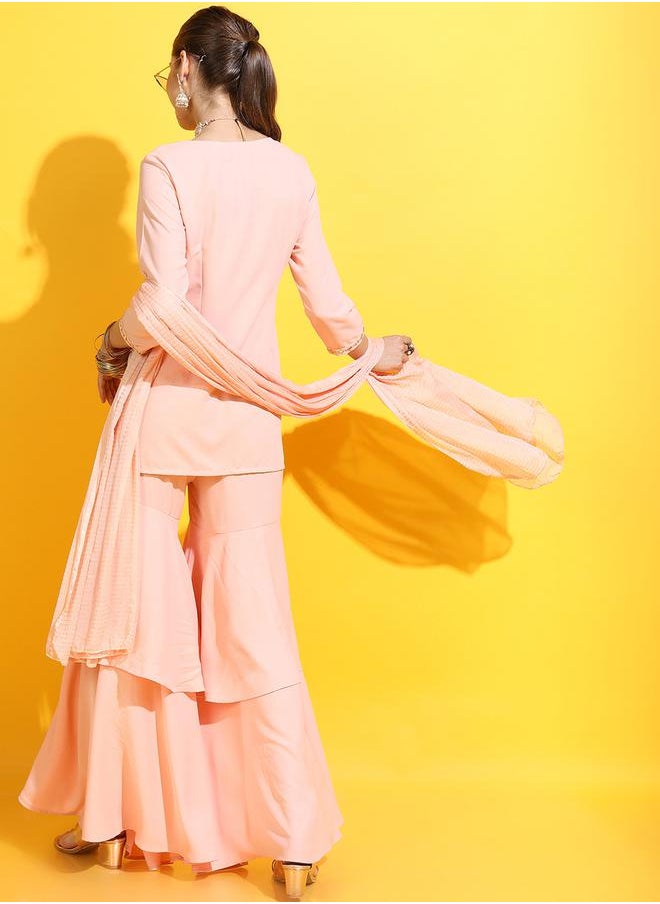Vishudh Peach Mirror Work Kurta Set with Sharara & Dupatta by Styli  - Image 3