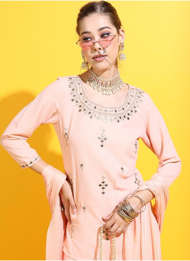 Vishudh Peach Mirror Work Kurta Set with Sharara & Dupatta by Styli  - Image 2