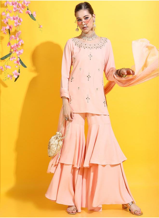Vishudh Peach Mirror Work Kurta Set with Sharara & Dupatta by Styli  - Image 1