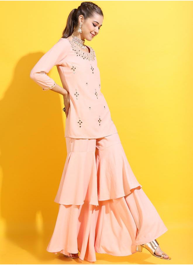 Vishudh Peach Mirror Work Kurta Set with Sharara & Dupatta by Styli  - Image 5