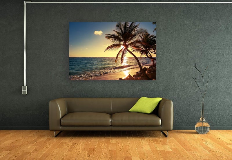 Muolunna S04969 Wall Art Decor Large Canvas Print Picture Sunset Ocean Beach Waves 1 Panel Coconut Tree Scenery Painting Artwork for Office Home Decoration Stretched and Framed Ready to Hang XLarge - Image 4