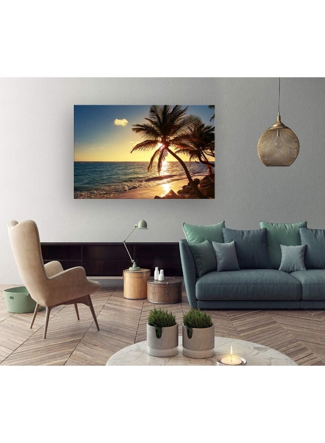 Muolunna S04969 Wall Art Decor Large Canvas Print Picture Sunset Ocean Beach Waves 1 Panel Coconut Tree Scenery Painting Artwork for Office Home Decoration Stretched and Framed Ready to Hang XLarge - Image 3