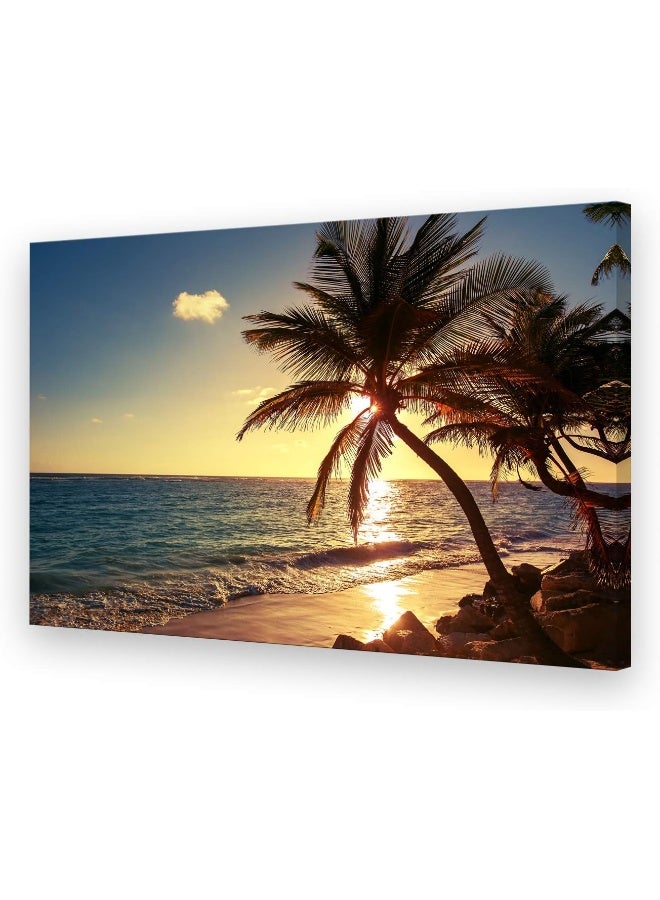 Muolunna S04969 Wall Art Decor Large Canvas Print Picture Sunset Ocean Beach Waves 1 Panel Coconut Tree Scenery Painting Artwork for Office Home Decoration Stretched and Framed Ready to Hang XLarge - Image 1