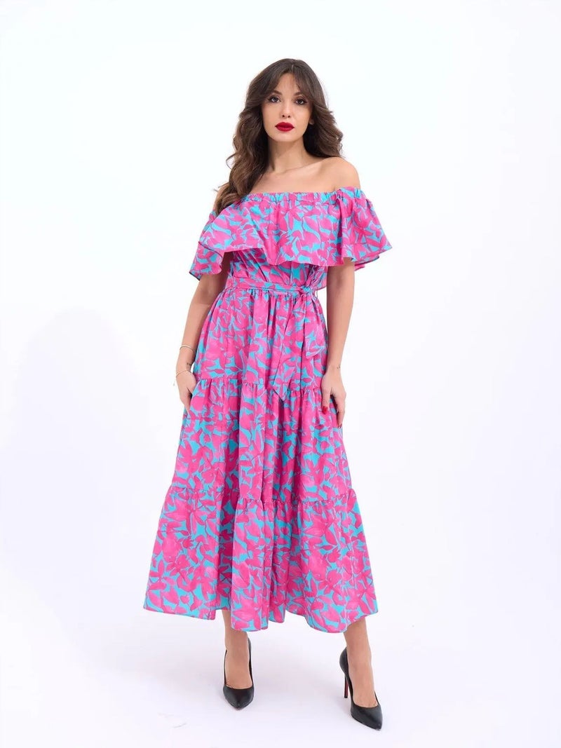 Jane's JANES Patterned Frilly Off-Shoulder Midi Dress - Image 1
