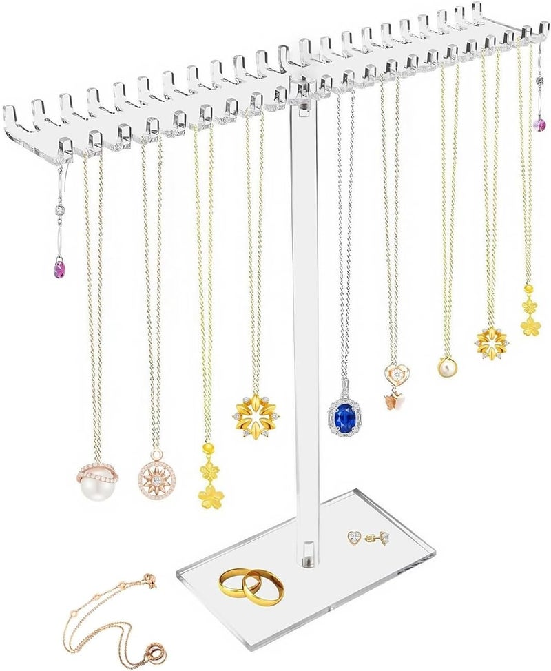 ARS Clear Acrylic Necklace Holder, Clear Hanging Jewellery Organiser Stand Holder, Hanging Acrylic Jewelry Organiser Stand with 42 Hooks for Necklaces Bracelets Rings Earrings - Image 1