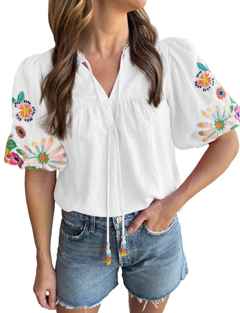 Ecosunny Women's Boho Embroidered Tops V Neck Floral Short Puff Sleeve Casual Shirts Loose Tunic Summer Blouses Fashion 2026 A-white - Image 1