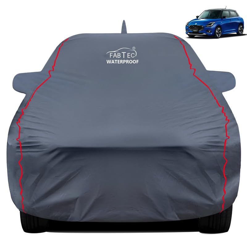 FABTEC غطاء سيارة مائي ممتاز لسيارة ماروتي سويفت 2024 مع جيب للمرايا والهوائي غطاء جسم سيارة مائي فائق التحمل متين بيفا رمادي مع حواف حمراء - Image 1