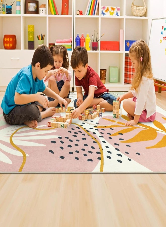Capslpad Area Rugs 5x7, Washable Nursery Rug, Low Pile Soft Non-Shedding Playroom Carpet, Botanical Print Pink Rugs for Bedroom, Classroom, Living Room - Image 2