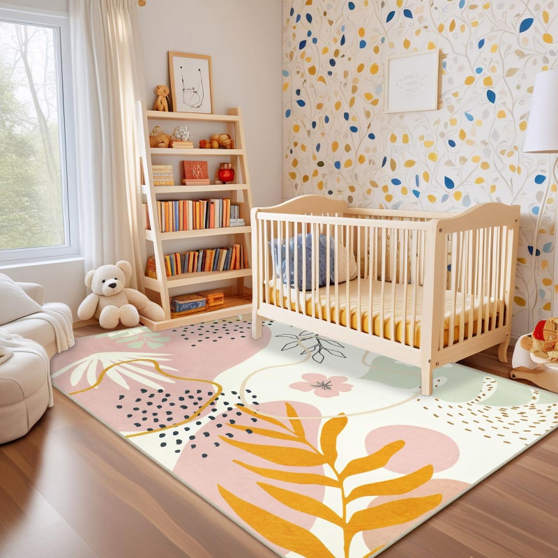 Capslpad Area Rugs 5x7, Washable Nursery Rug, Low Pile Soft Non-Shedding Playroom Carpet, Botanical Print Pink Rugs for Bedroom, Classroom, Living Room - Image 1