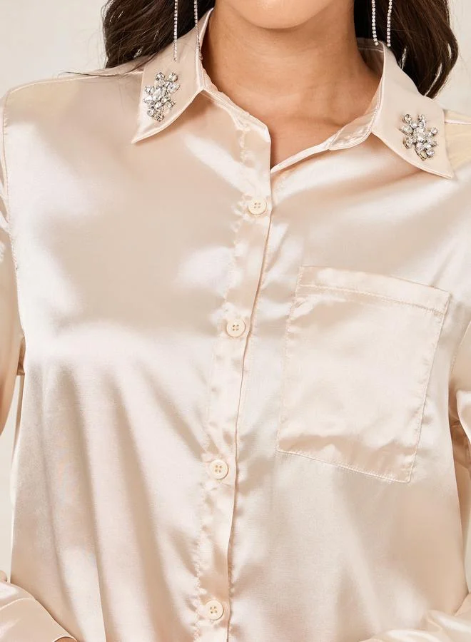 ستايلي Relaxed Fit Satin Button Down Shirt with Embellished Detail