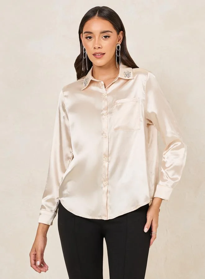 ستايلي Relaxed Fit Satin Button Down Shirt with Embellished Detail