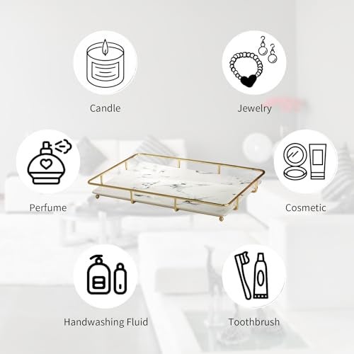 Dobbyby Vanity Tray Makeup Organizer Cosmetics Storage Bathroom Skincare Organizer Countertop Display Rack in Dresser Stainless Steel Shelf Marble Print Ceramic Trays - Image 2