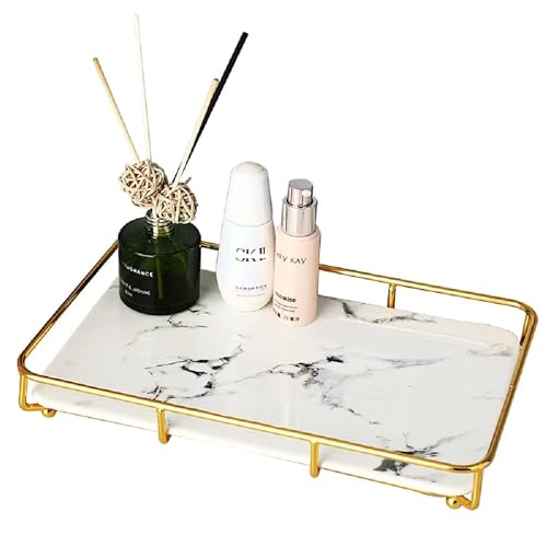 Dobbyby Vanity Tray Makeup Organizer Cosmetics Storage Bathroom Skincare Organizer Countertop Display Rack in Dresser Stainless Steel Shelf Marble Print Ceramic Trays - Image 1