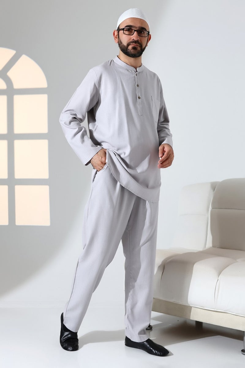 İhvan Online Ihvan Online Men's Single Pocket Judge Collar Shirt Trousers Linen Two Piece Set Hajj Umrah Outfit - Gray - Image 2