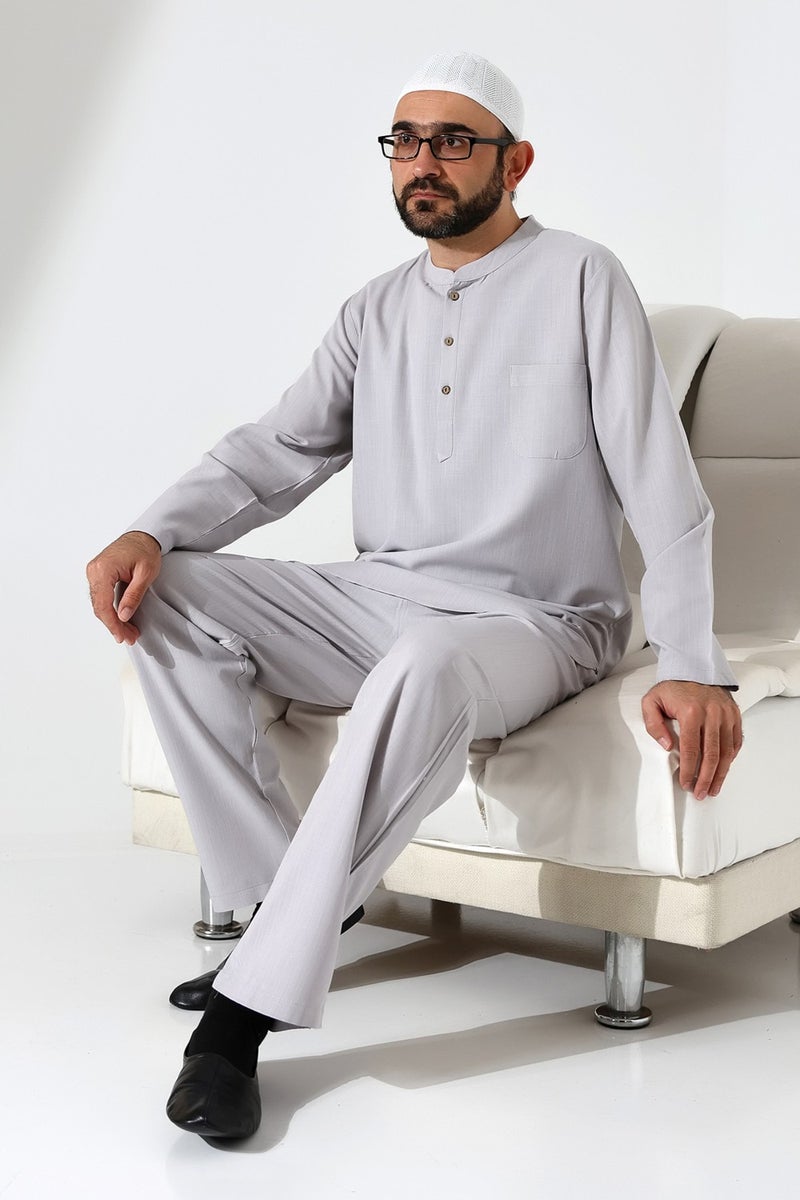 İhvan Online Ihvan Online Men's Single Pocket Judge Collar Shirt Trousers Linen Two Piece Set Hajj Umrah Outfit - Gray - Image 4