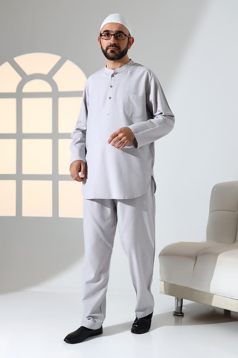 İhvan Online Ihvan Online Men's Single Pocket Judge Collar Shirt Trousers Linen Two Piece Set Hajj Umrah Outfit - Gray - Image 1