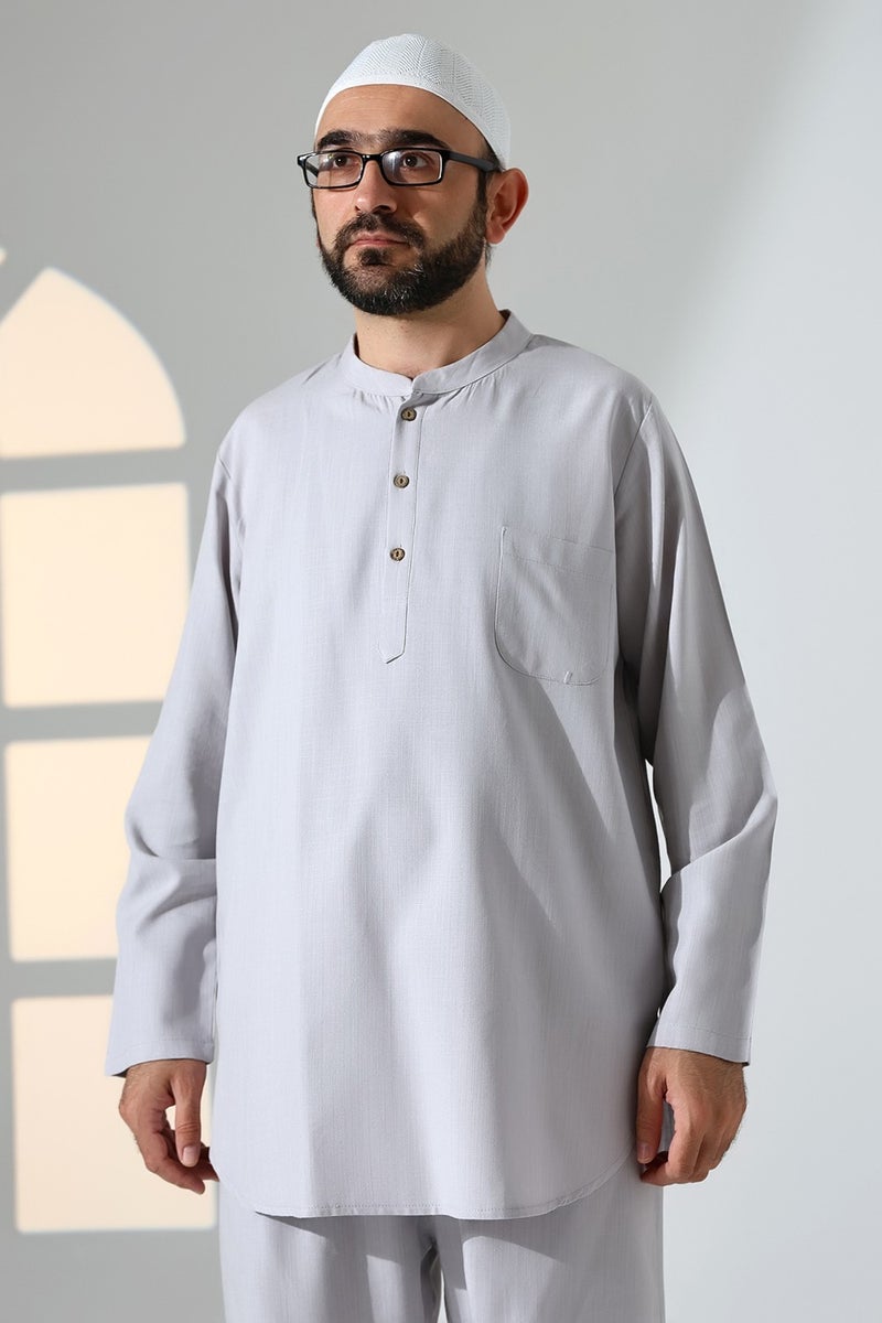 İhvan Online Ihvan Online Men's Single Pocket Judge Collar Shirt Trousers Linen Two Piece Set Hajj Umrah Outfit - Gray - Image 5