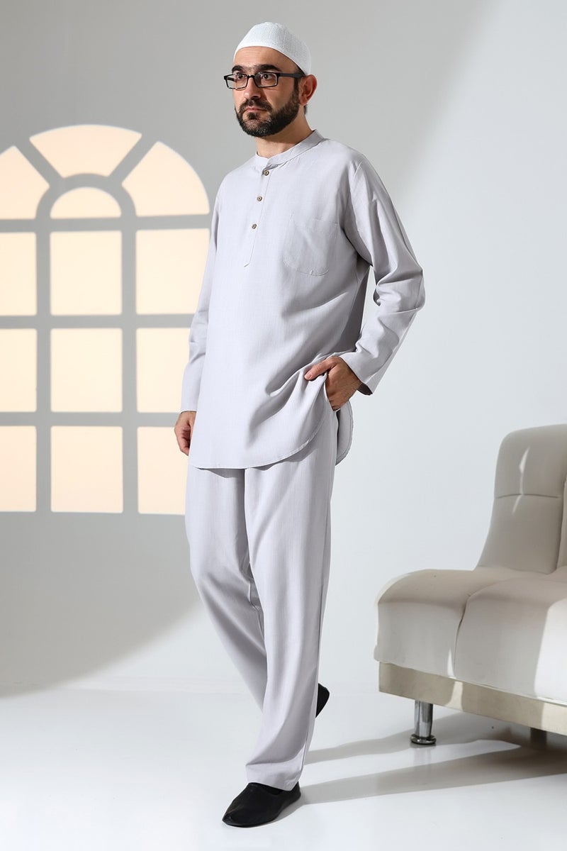 İhvan Online Ihvan Online Men's Single Pocket Judge Collar Shirt Trousers Linen Two Piece Set Hajj Umrah Outfit - Gray - Image 3
