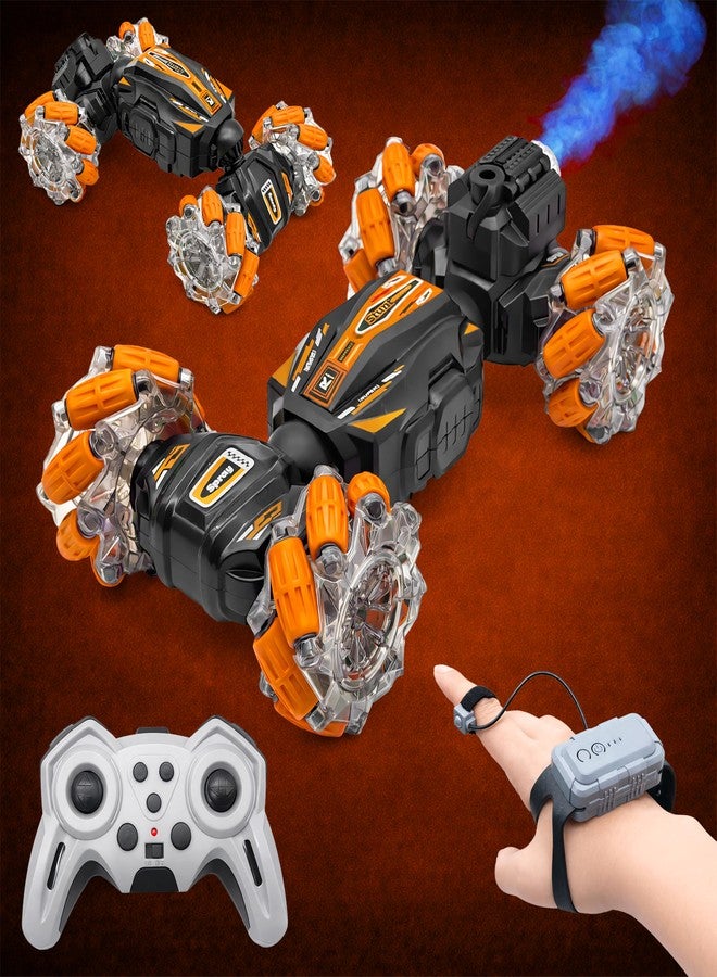 VGRASSP Dual Control Twisting Drift Stunt Mist Car Toy for Kids with Remote Control and Gesture Wrist Controller - Rechargeable 360° Rotating Smoke RC Car Toy with LED Lights, Sound Effects - Orange - Image 1
