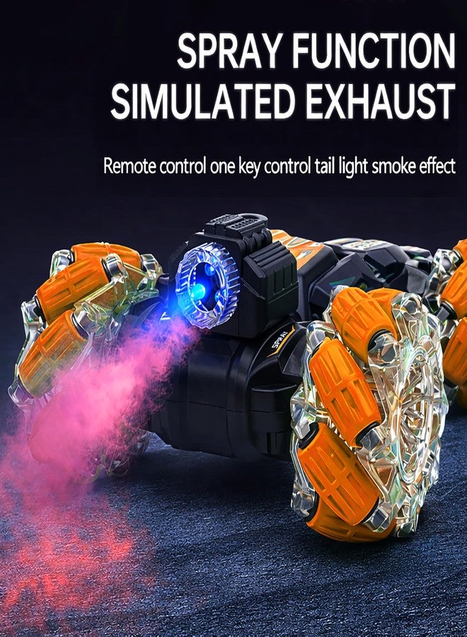 VGRASSP Dual Control Twisting Drift Stunt Mist Car Toy for Kids with Remote Control and Gesture Wrist Controller - Rechargeable 360° Rotating Smoke RC Car Toy with LED Lights, Sound Effects - Orange - Image 4