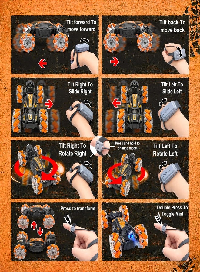 VGRASSP Dual Control Twisting Drift Stunt Mist Car Toy for Kids with Remote Control and Gesture Wrist Controller - Rechargeable 360° Rotating Smoke RC Car Toy with LED Lights, Sound Effects - Orange - Image 2