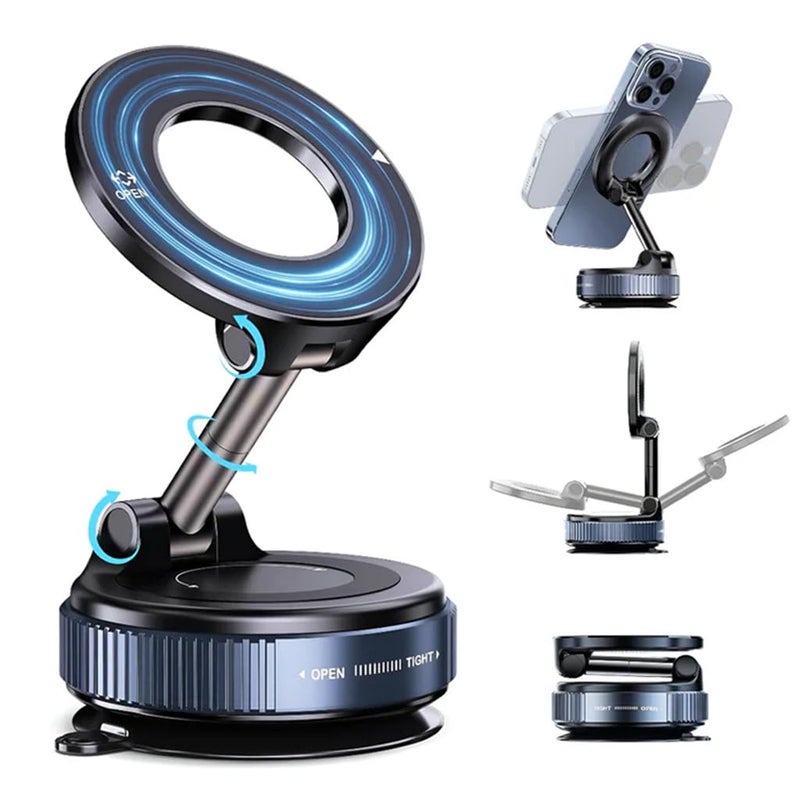 TECPHILE Magnetic Mobile Phone Holder for Car with 360° Rotatable and Foldable Metal Cell Phone Holder, Strong Grip Vacuum Seal, Car Mount Compatible with iPhone & Android Phones - Image 1