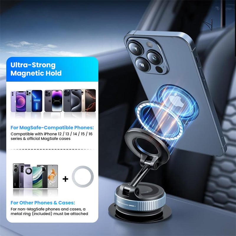 TECPHILE Magnetic Mobile Phone Holder for Car with 360° Rotatable and Foldable Metal Cell Phone Holder, Strong Grip Vacuum Seal, Car Mount Compatible with iPhone & Android Phones - Image 3