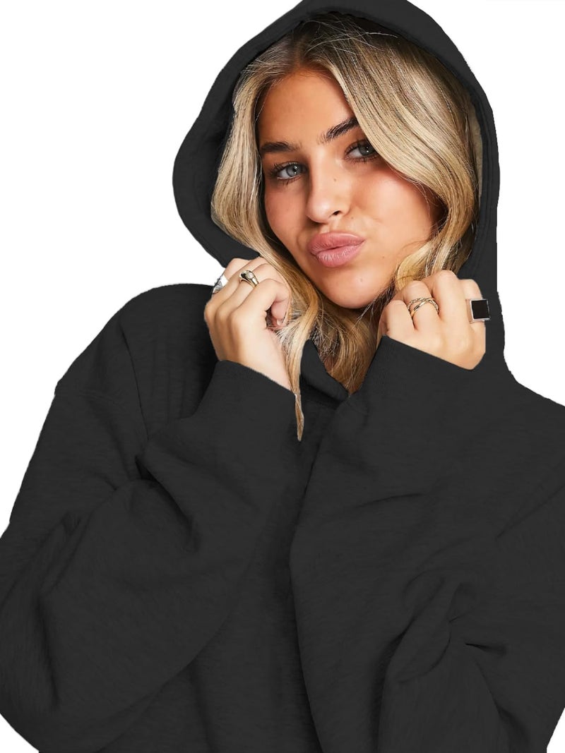 LEOTUDE Women's Loopknit Oversized Hooded Neck Sweatshirt (W88|MSTD|BLK|MRN_P_Zblack_XL) - Image 3