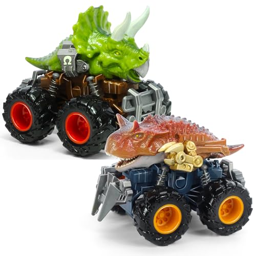 Oriate Dinosaur Monster Truck Triceratops and Carnotaurus Car Toys for Kids 35 Dino Stunt Race Push and Go Car 38 Outdoor Toys for Toddlers Boys Girls - Image 1