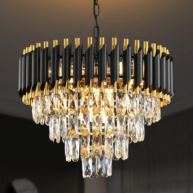 Virya Modern K9 Crystal Chandeliers Black Gold 4-Tier Round Crystal Chandelier Ceiling Light Fixture for Living Room 500mm Ceiling Lamp Chandelier - Image 5