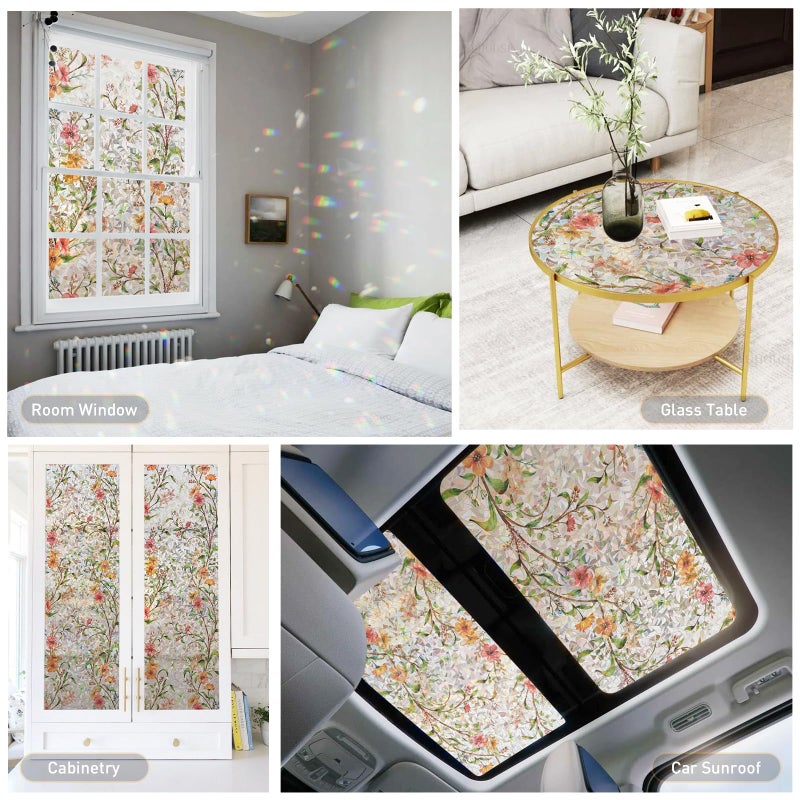 Kromapolis Window Privacy Film Floral Rainbow Decorative Stickers, 3D Static Stained Glass Cling, Removable Cover for Home Heat Control Anti-UV, Car Sunroof Vinyl Decals Non-Adhesive, 17.5'' x 78.7'' - Image 5