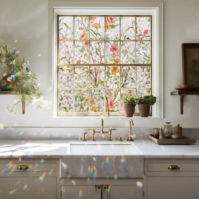 Kromapolis Window Privacy Film Floral Rainbow Decorative Stickers, 3D Static Stained Glass Cling, Removable Cover for Home Heat Control Anti-UV, Car Sunroof Vinyl Decals Non-Adhesive, 17.5'' x 78.7'' - Image 2