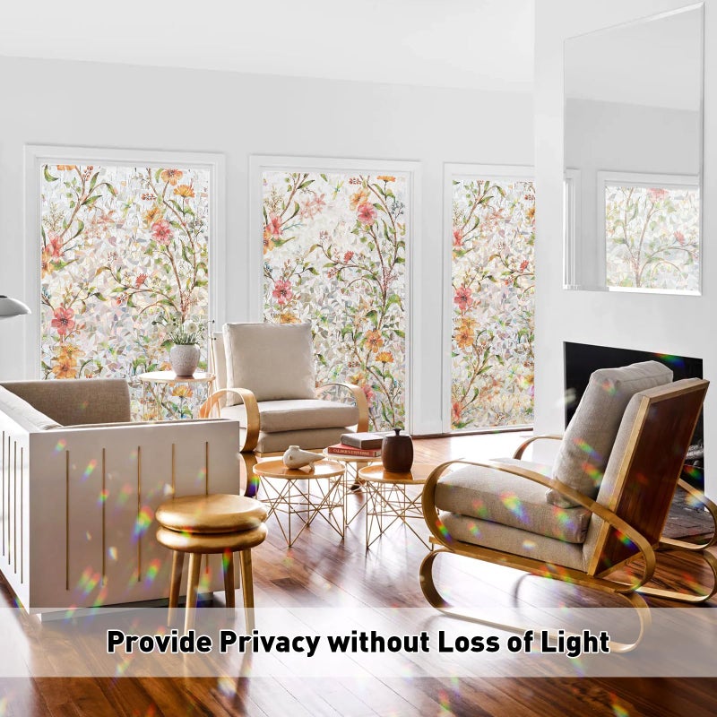Kromapolis Window Privacy Film Floral Rainbow Decorative Stickers, 3D Static Stained Glass Cling, Removable Cover for Home Heat Control Anti-UV, Car Sunroof Vinyl Decals Non-Adhesive, 17.5'' x 78.7'' - Image 4