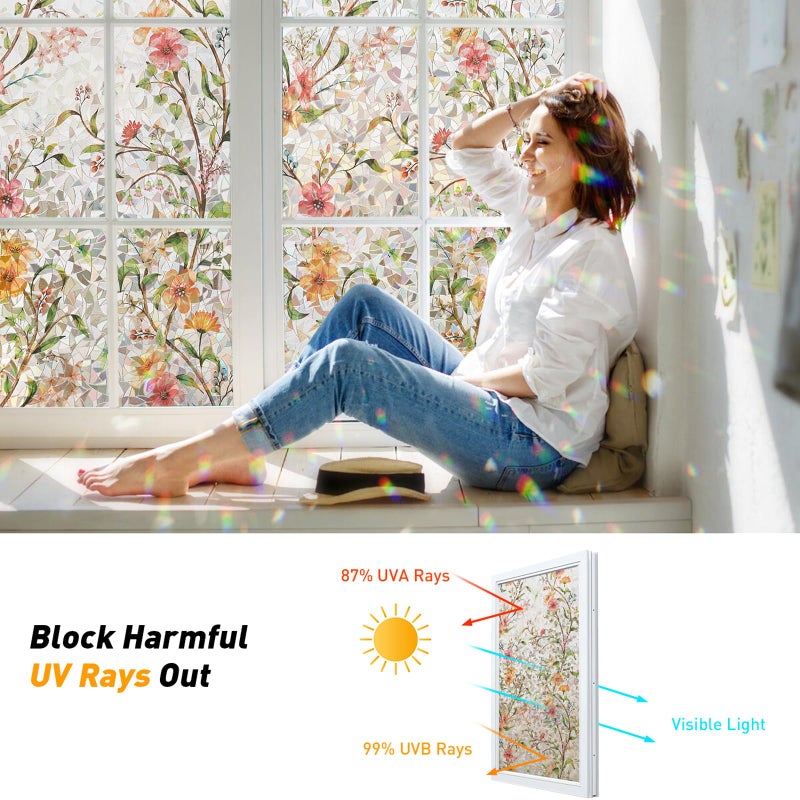 Kromapolis Window Privacy Film Floral Rainbow Decorative Stickers, 3D Static Stained Glass Cling, Removable Cover for Home Heat Control Anti-UV, Car Sunroof Vinyl Decals Non-Adhesive, 17.5'' x 78.7'' - Image 3