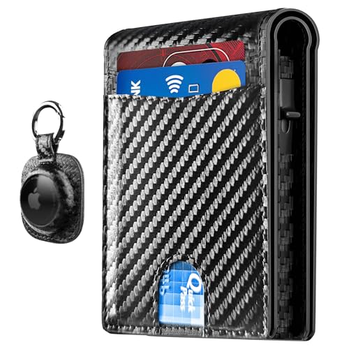 QLD 2025 Upgraded Minimalist Wallet for Men - RFID Blocking Credit Card Holder Case Leather Pop Up Aluminum Wallet with Cash Slot, Front Pocket ID Window Gift Boxed (Carbon Fiber - with Airtag Holder) - Image 1