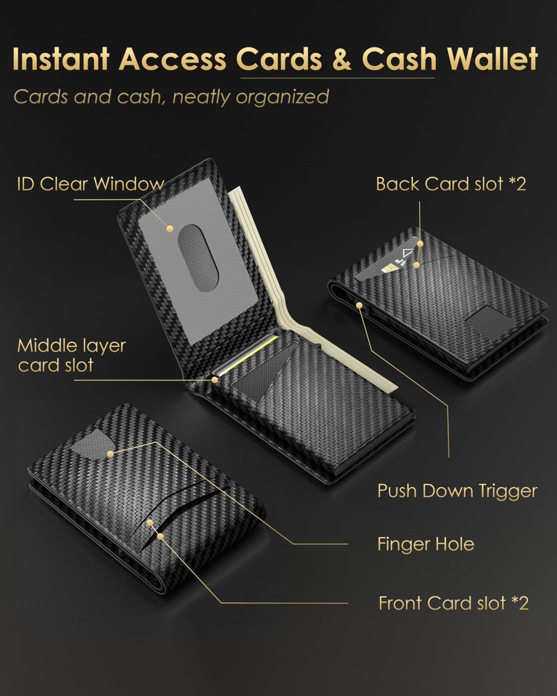 QLD 2025 Upgraded Minimalist Wallet for Men - RFID Blocking Credit Card Holder Case Leather Pop Up Aluminum Wallet with Cash Slot, Front Pocket ID Window Gift Boxed (Carbon Fiber - with Airtag Holder) - Image 4