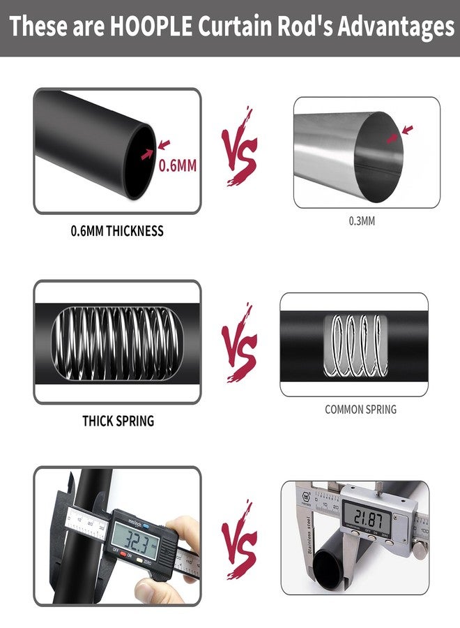 HOOPLE Heavy Duty Tension Curtain Rod 102-120 Inch, 1.27"Diameter No Drilling Adjustable Rod for Shower Windows Bathroom Bedroom Patio, Renter Friendly, Non-Slip Telescoping Design, Black - Image 4