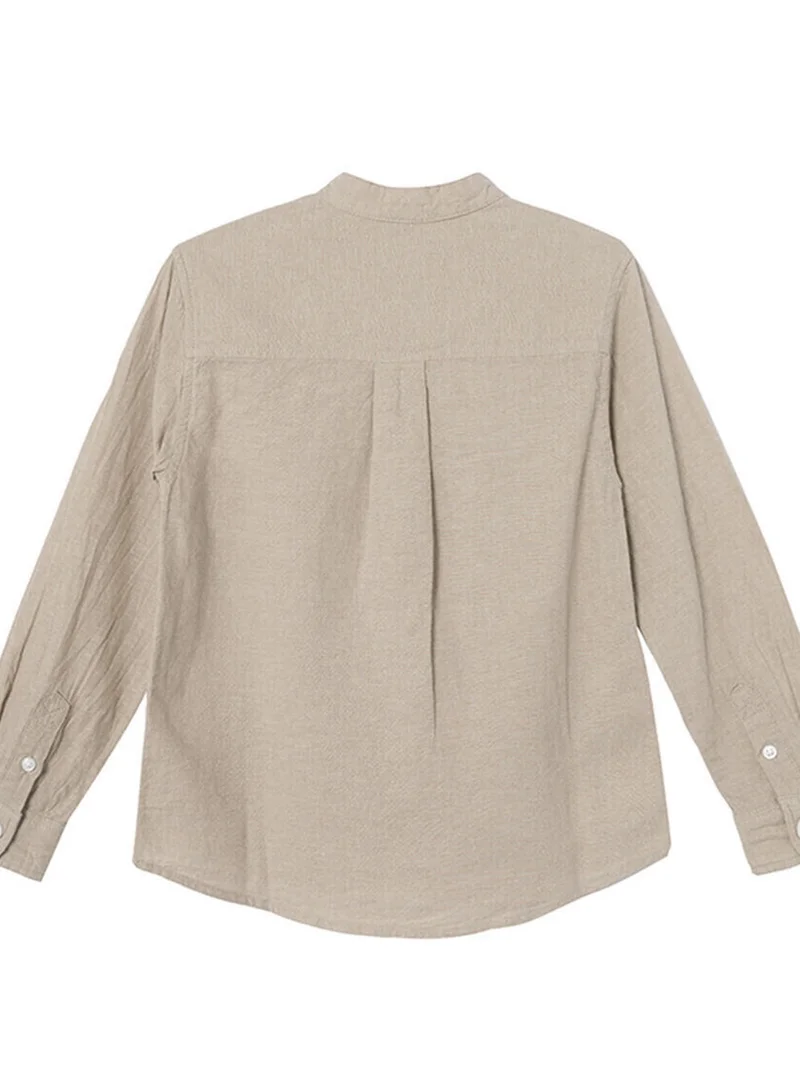 جيوردانو قميص أطفال بياقة ماندرين من الكتان والقطن بأكمام طويلة وغسيل مصبوغ