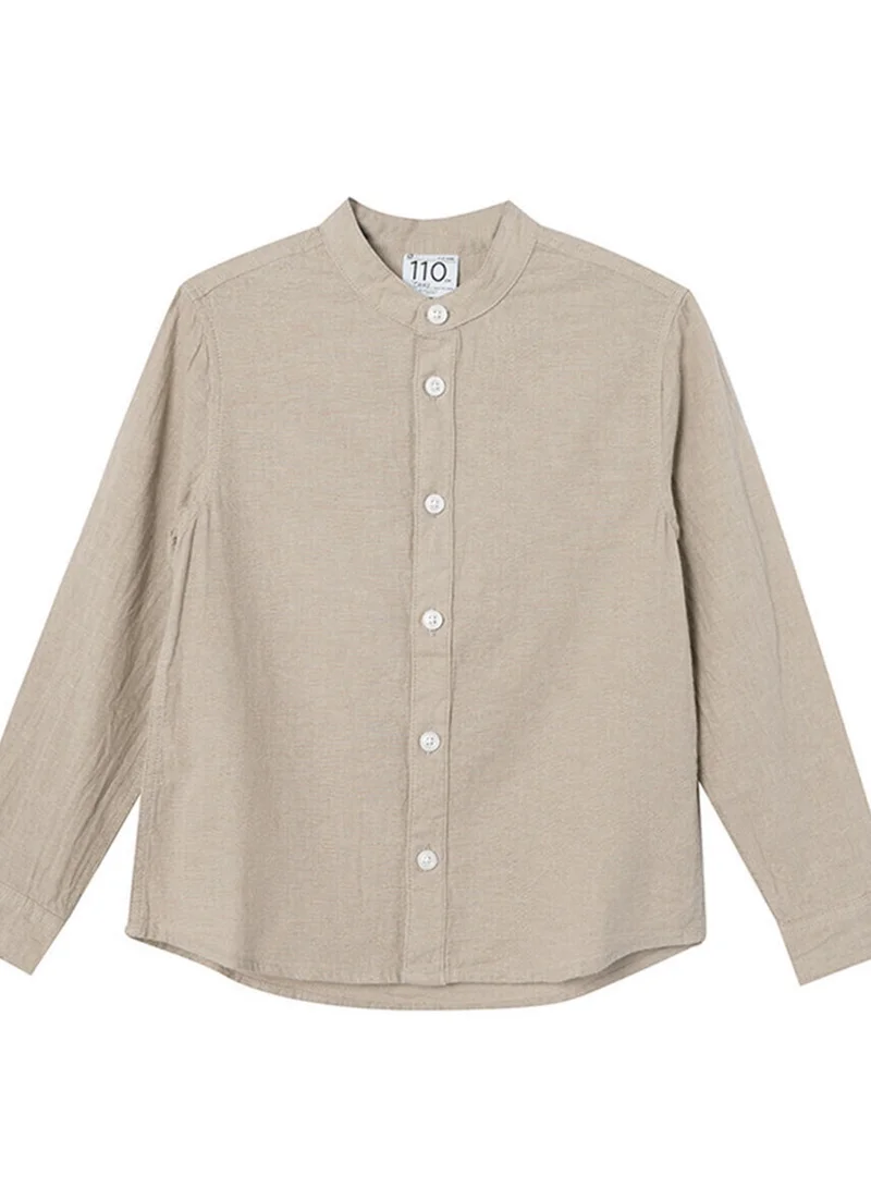 جيوردانو قميص أطفال بياقة ماندرين من الكتان والقطن بأكمام طويلة وغسيل مصبوغ