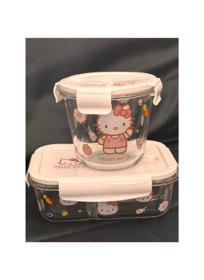 Generic - Hellokitty Glass Lunch Box With Lid Lunch Box Fresh Bowl Portable Fruit Salad Box Partition Bowl Soup Bowl-Specifications:Three-point Lunch Box + Round Soup Bowl + Insulated Rice Bag Big-eared Dog-Color:Standard - Image 1