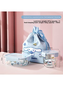 Hellokitty Glass Lunch Box With Lid Lunch Box Fresh Bowl Portable Fruit Salad Box Partition Bowl Soup Bowl-Specifications:Three-point Lunch Box + Round Soup Bowl + Insulated Rice Bag Big-eared Dog-Color:Standard