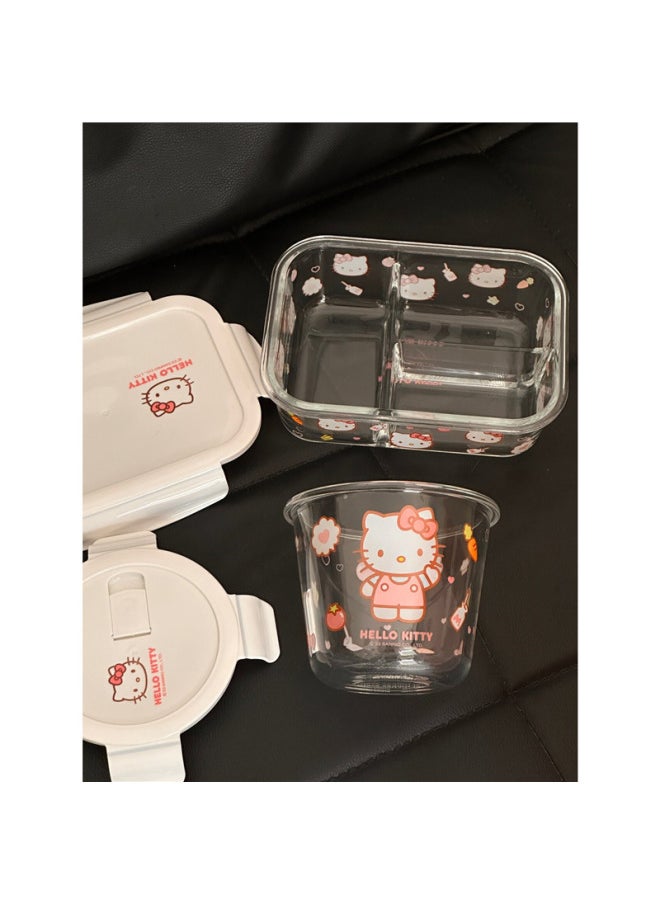 Generic - Hellokitty Glass Lunch Box With Lid Lunch Box Fresh Bowl Portable Fruit Salad Box Partition Bowl Soup Bowl-Specifications:Three-point Lunch Box + Round Soup Bowl + Insulated Rice Bag Big-eared Dog-Color:Standard - Image 1