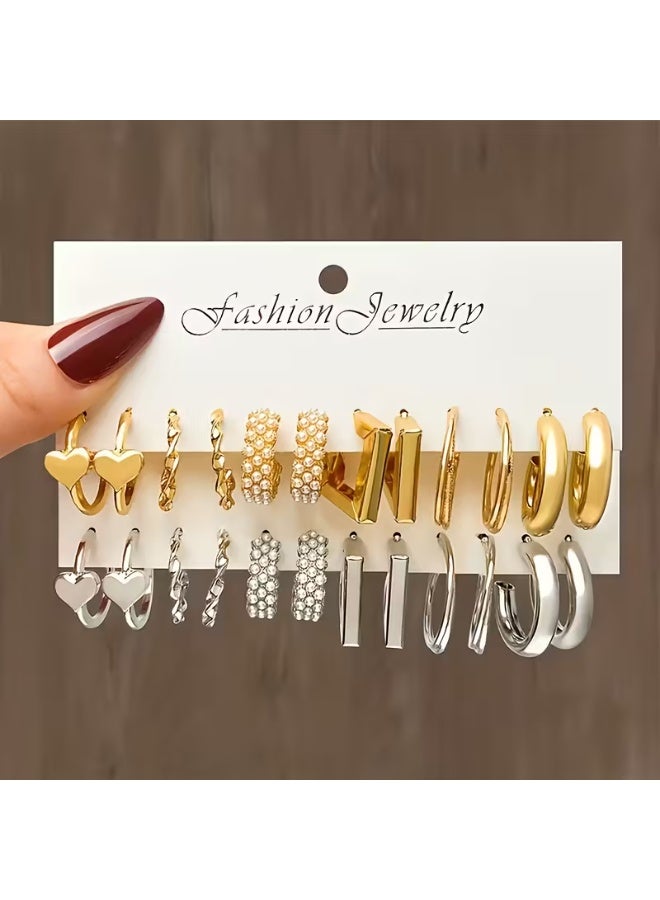 aeen 12-Pair Classic Heart-Shaped Ear Cuffs Set for Women – Zinc Alloy, Stylish and Trendy Jewellery for Daily Wear and Special Occasions - Image 1