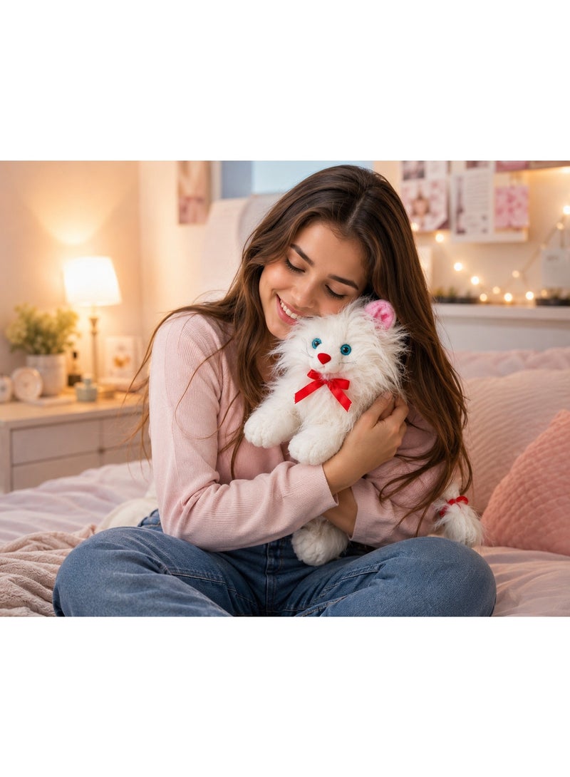 Soft Plush White Cat Stuffed Toy - Cute Fluffy Kitten with Blue Eyes & Red Bow - Perfect Cuddly Gift for Kids - Image 3